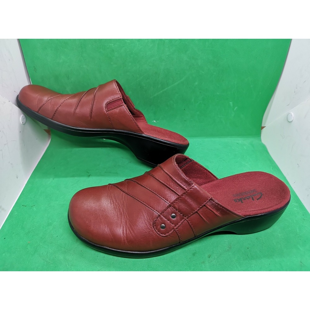 WOMEN'S CLARK'S COMFORT CLOGS DARK RED LEATHER WORK SHOES SZ 9M